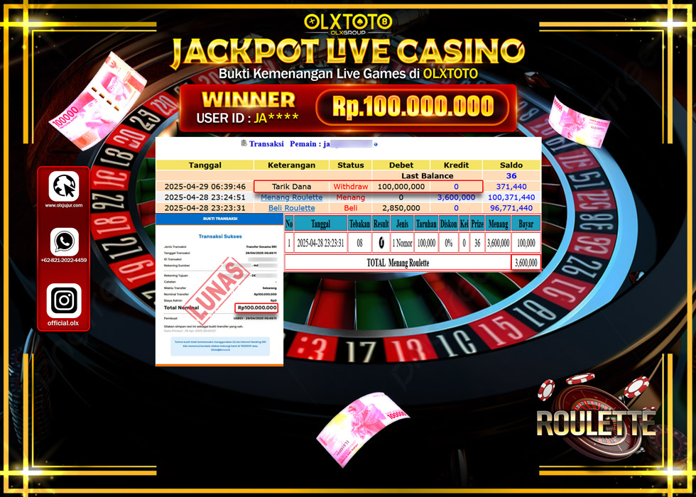 BINTANGSLOT77 JACKPOT  LIVE GAMES ROULETTE Rp.100.000.000.,- LUNAS