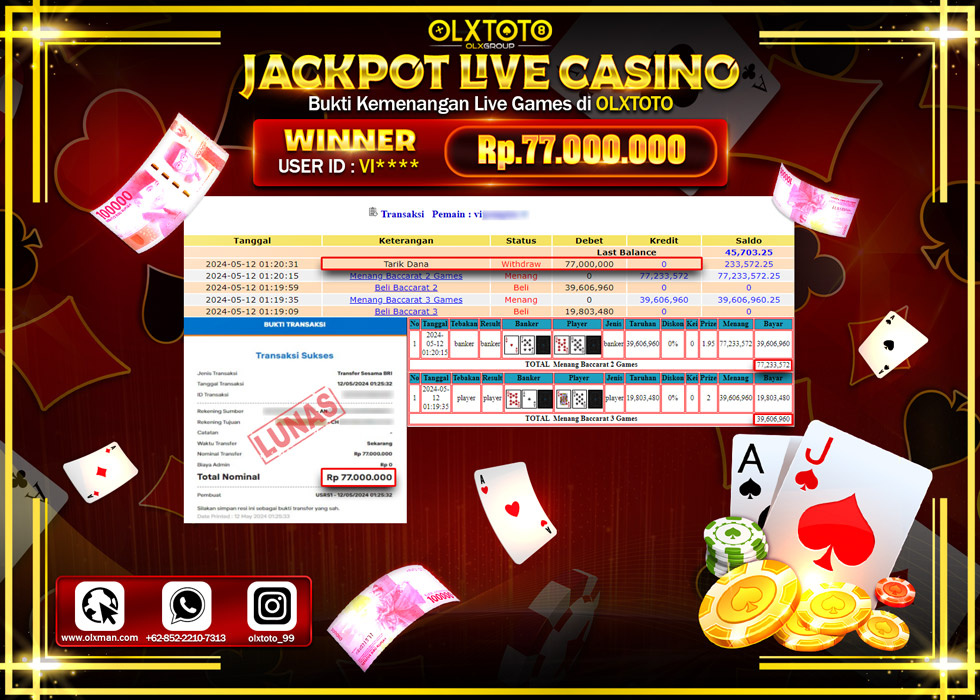 OLXTOTO JACKPOT LIVE GAME BACCARAT 2 GAMES  Rp.77.000.000.,- LUNAS
