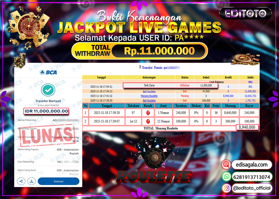 JACKPOT EDITOTO LIVE GAMES ROULETTE Rp. 11.000.000.,- LUNAS