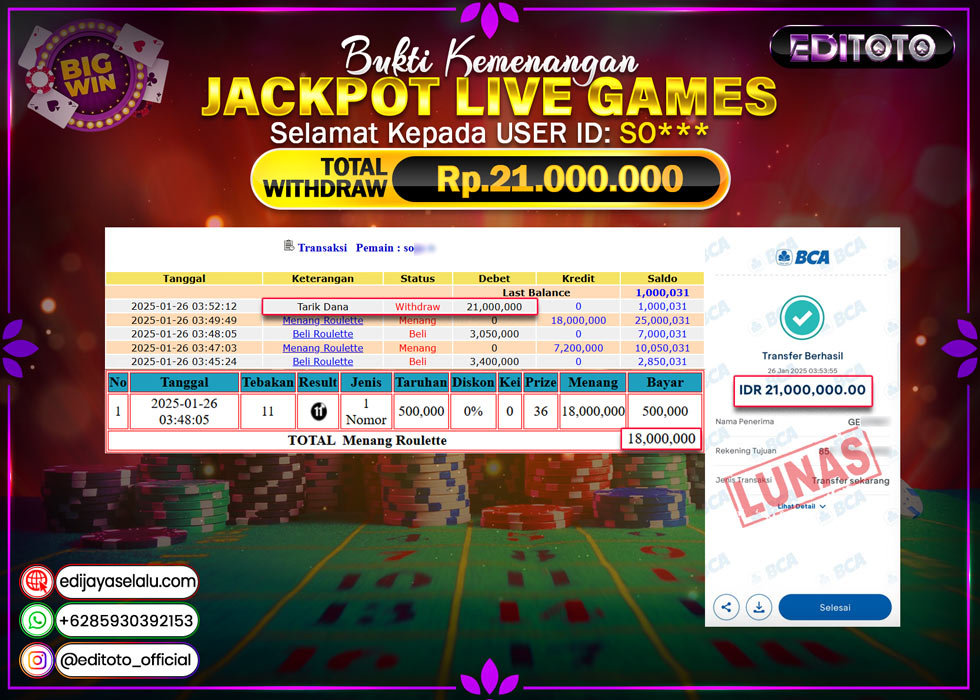 JACKPOT LIVE GAMES ROULETTE Rp.21.000.000.,- LUNAS