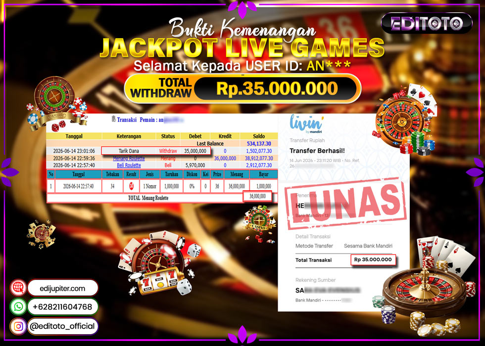 JACKPOT EDITOTO LIVE GAMES ROULLET Rp.35.000.000.,- LUNAS