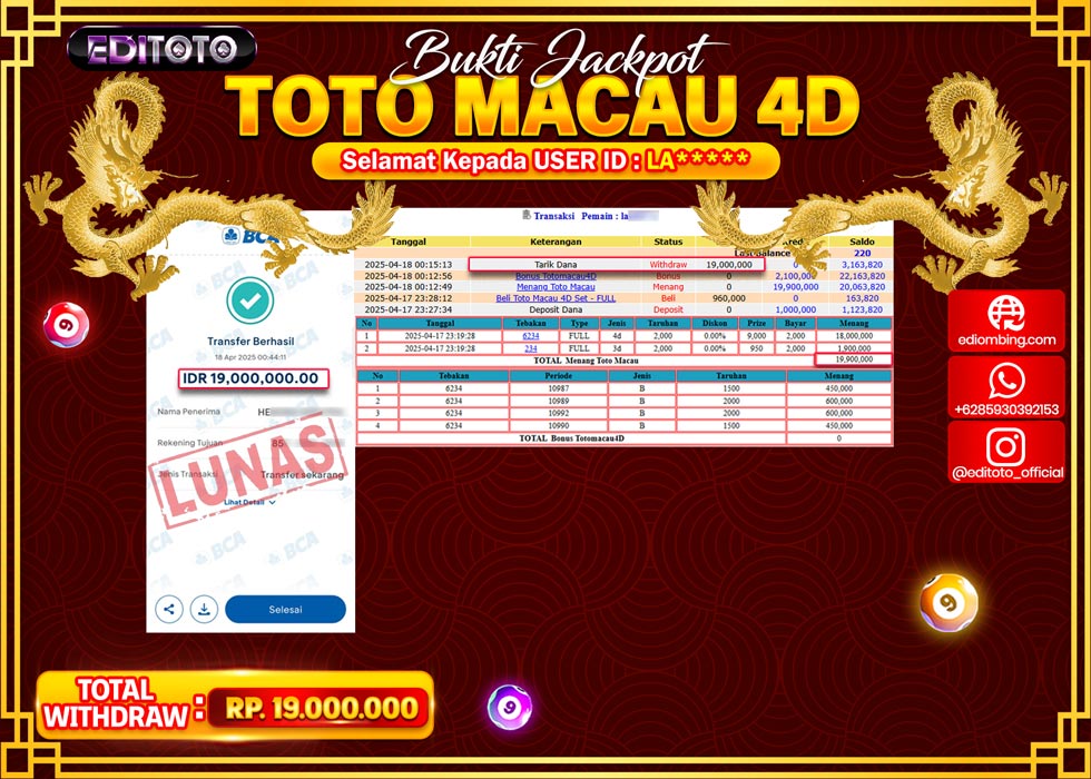 JACKPOT EDITOTO TOGEL PASARAN TOTOMACAU 4D Rp.19.000.000.,- LUNAS