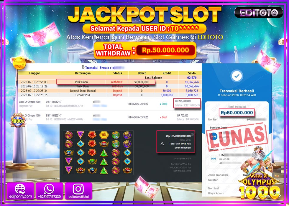 JACKPOT EDITOTO SLOT GATES OF OLYMPUS 1000 Rp.50.000.000,- LUNAS