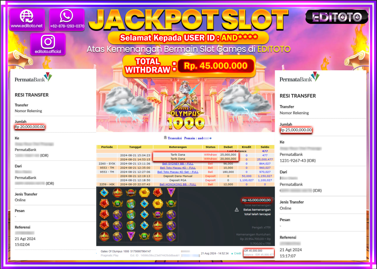 JACKPOT SLOT GATES OF OLYMPUS 1000  Rp.45.000.000.,- LUNAS