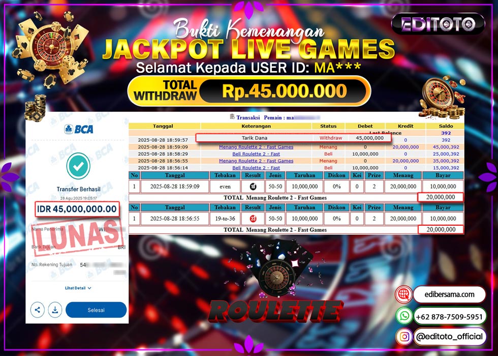 JACKPOT EDITOTO LIVE GAMES ROULETTE Rp. 45.000.000.,- LUNAS