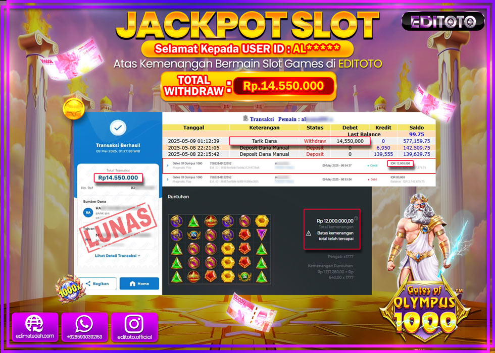 JACKPOT EDITOTO SLOT GATES OF OLYMPUS 1000 Rp.14.550.000,- LUNAS