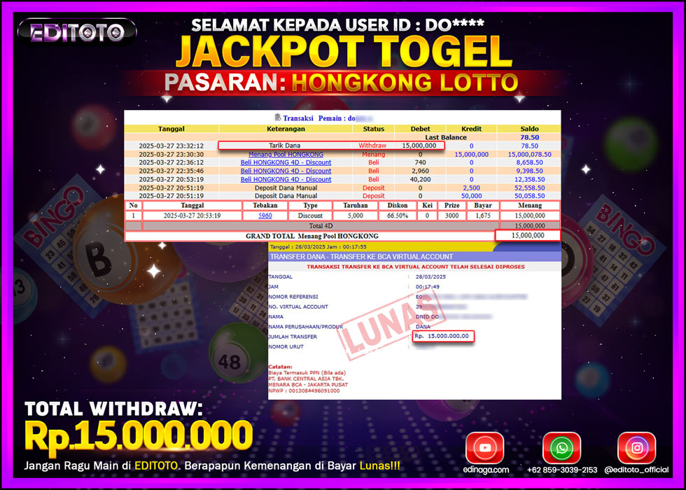 JACKPOT EDITOTO TOGEL PASARAN HONGKONG LOTTO Rp.15.000.000.,- LUNAS
