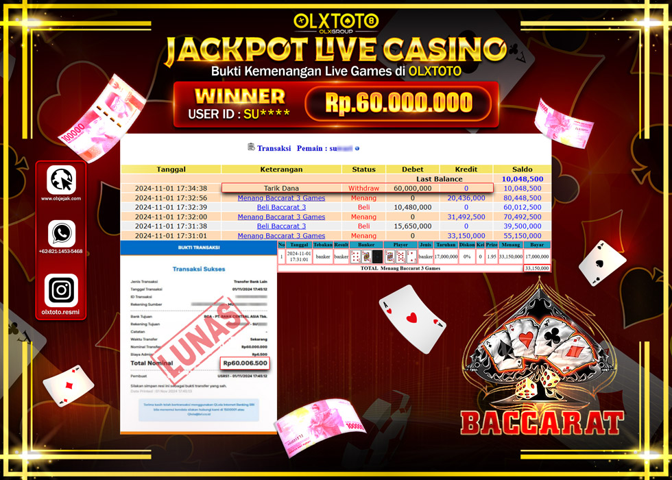 OLXTOTO JACKPOT  LIVE GAMES BACCARAT 3 Rp.60.000.000.,- LUNAS