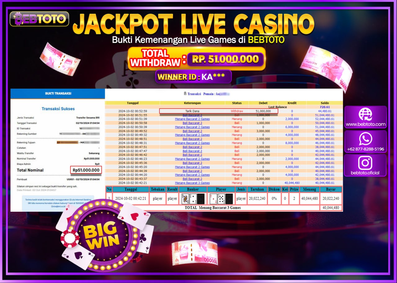 JACKPOT LIVE CASINO BEBTOTO BACCARAT Rp.51.000.000.,- LUNAS