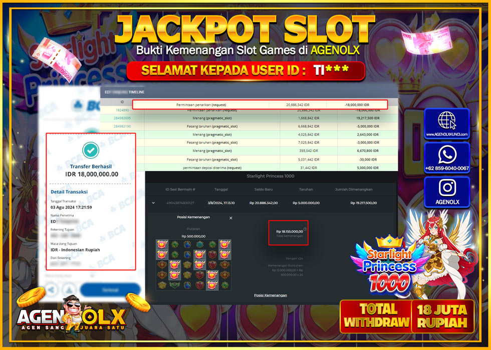 AGENOLX JACKPOT SLOT STARLIGHT PRINCESS 1000 Rp.18.000.000,- LUNAS