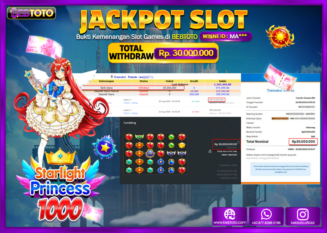 JACKPOT SLOT BEBTOTO Starlight Princess 1000 Rp.30.000.000.,- LUNAS