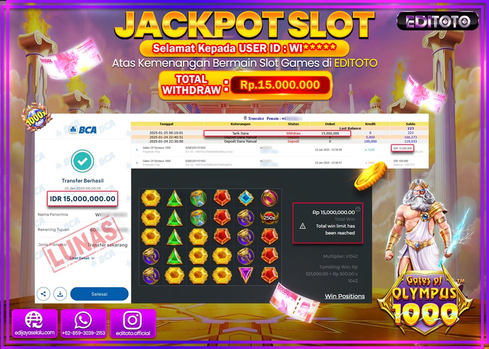 JACKPOT SLOT GATES OF OLYMPUS 1000  Rp.15.000.000.,- LUNAS