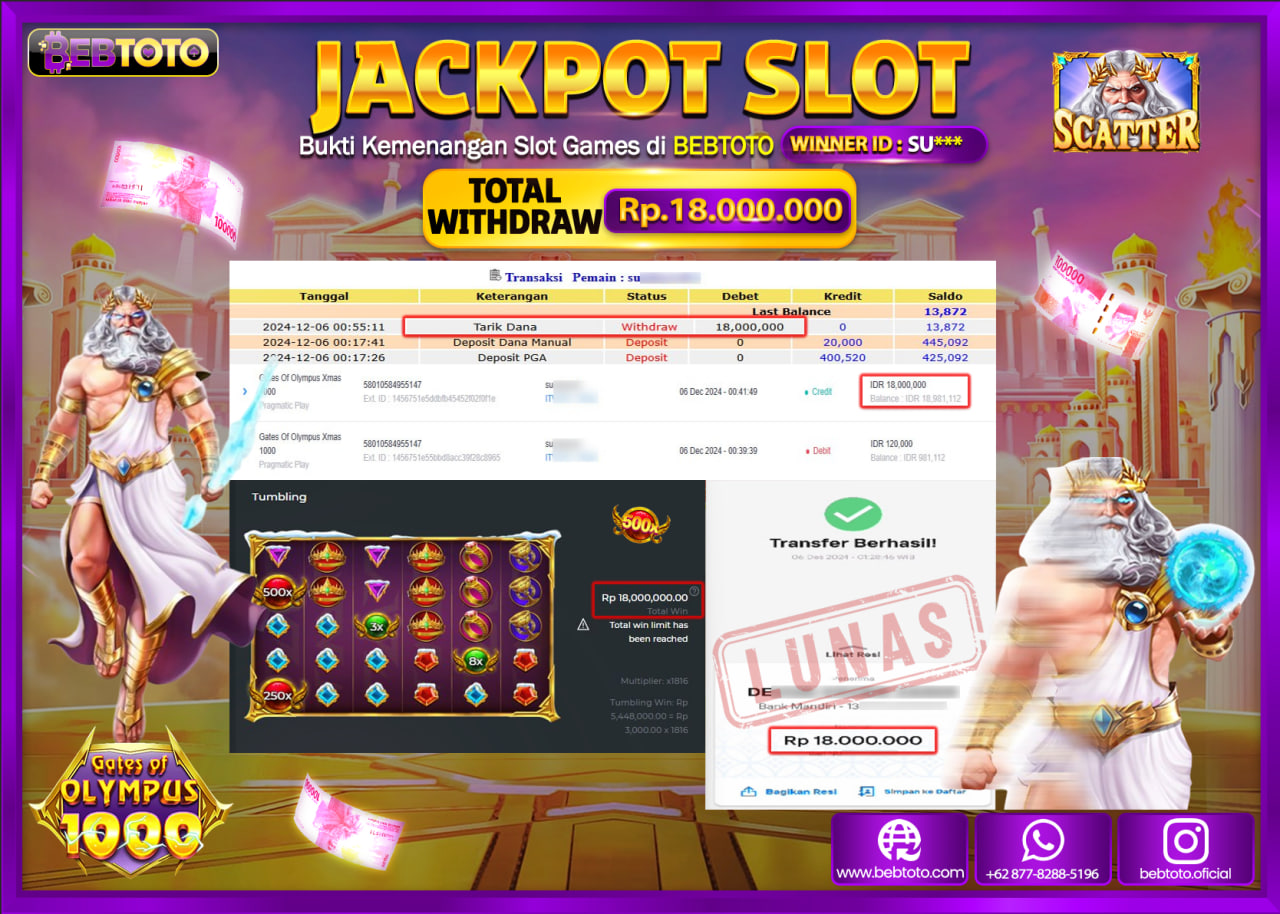 JACKPOT SLOT BEBTOTO GATES OF OLYMPUS XMAS 1000 Rp.18.000.000.,- LUNAS
