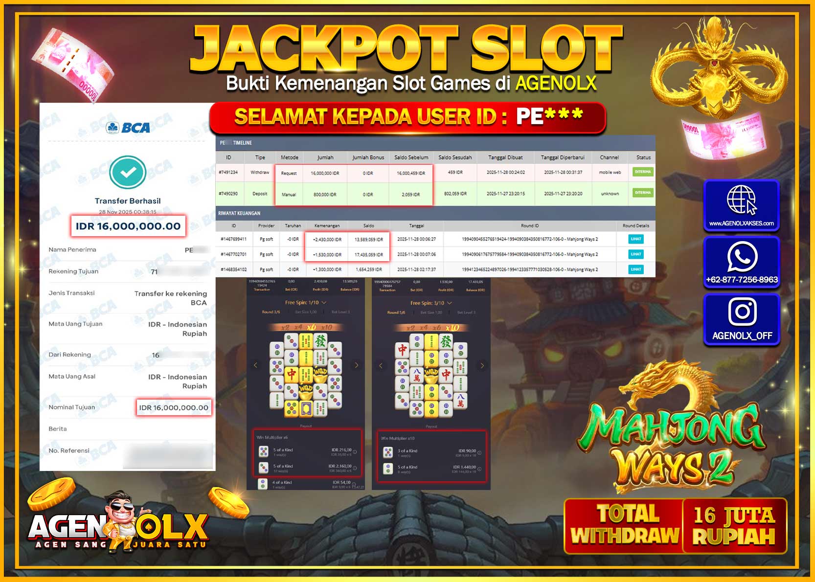 AGENOLX JACKPOT SLOT MAHJONG WAYS 2 Rp 16,000,000,- LUNAS