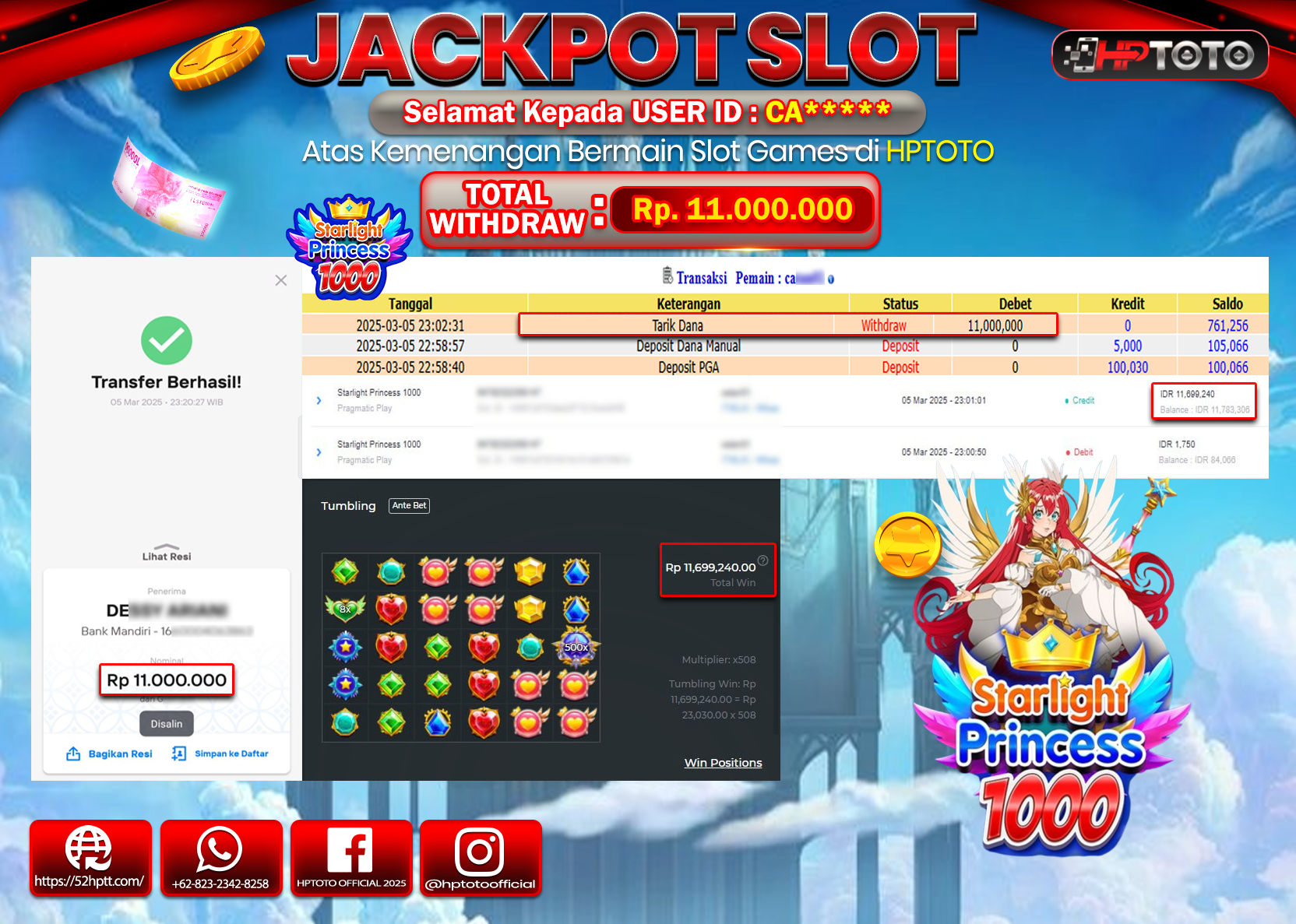 HPTOTO JACKPOT SLOT STARLIGHT PRINCESS 1000 Rp.11.000.000,- LUNAS