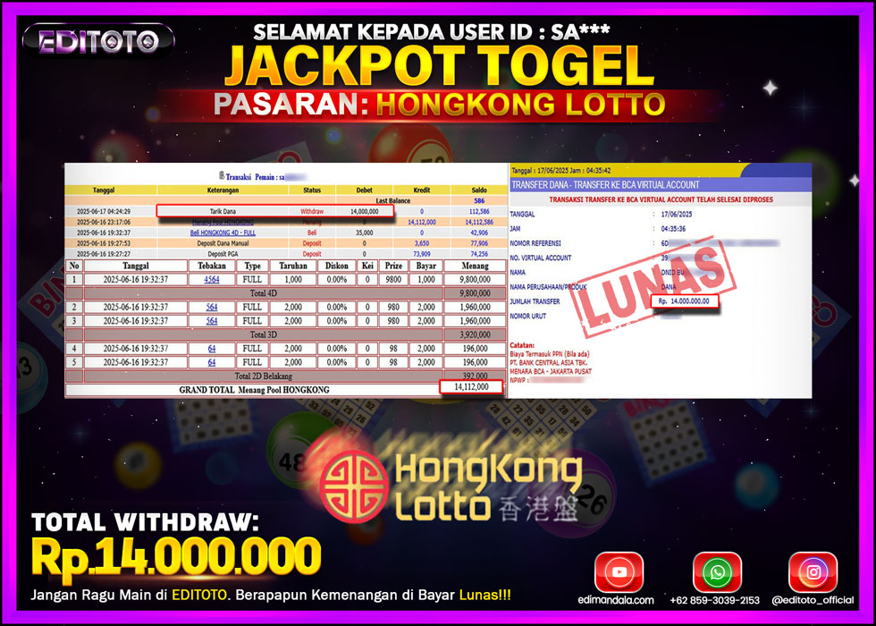 JACKPOT EDITOTO TOGEL PASARAN HONGKONG LOTTO Rp.14.000.000.,- LUNAS