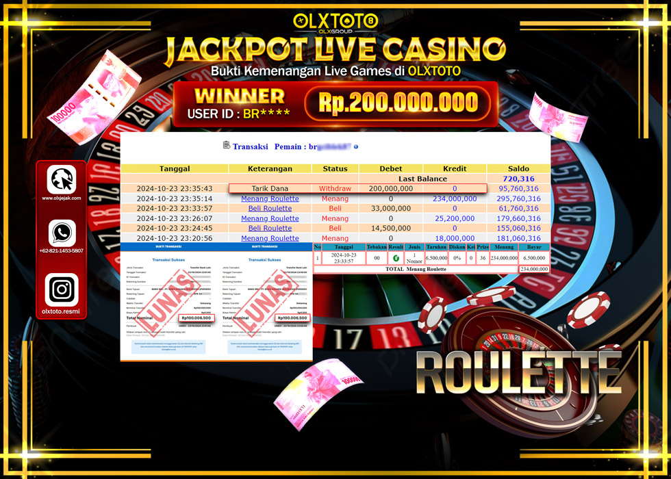 OLXTOTO JACKPOT  LIVE GAMES ROULETTE Rp.200.000.000.,- LUNAS