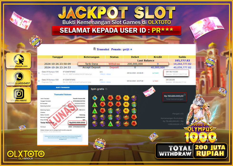 OLXTOTO JACKPOT  SLOT GATES OF OLYMPUS 1000  Rp.200.000.000.,- LUNAS