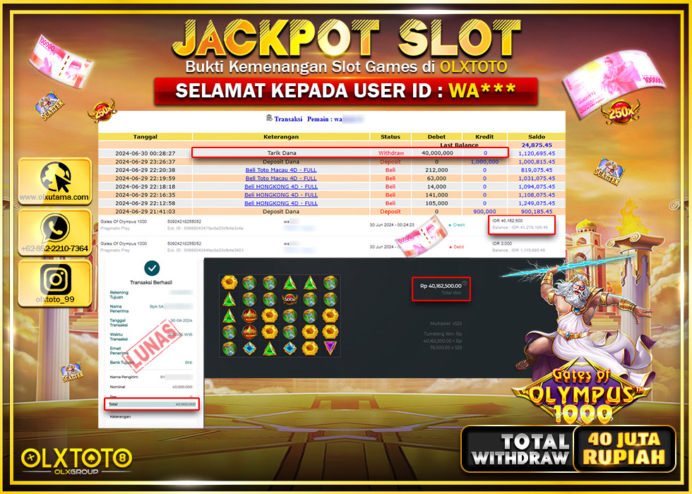 OLXTOTO JACKPOT  SLOT GATES OF OLYMPUS 1000   Rp.40.000.000.,- LUNAS