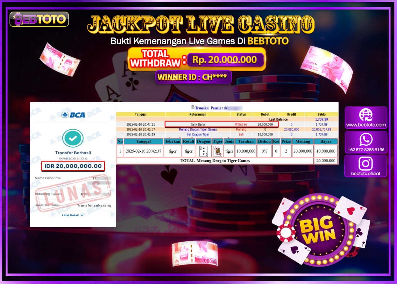 JACKPOT LIVE CASINO BEBTOTO DRAGON TIGER GAMES Rp.20.000.000.,- LUNAS