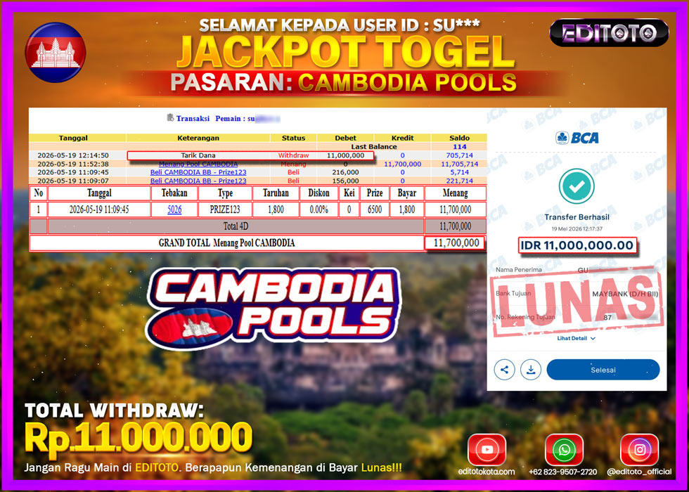 JACKPOT EDITOTO TOGEL PASARAN CAMBODIA POOLS Rp.11.000.000.,- LUNAS
