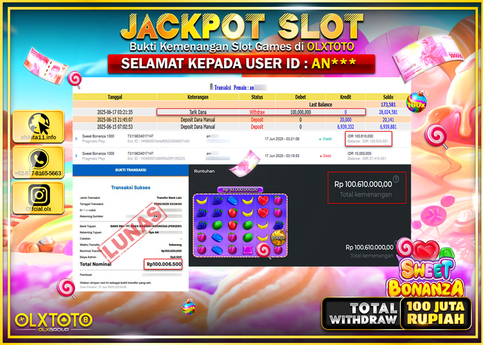 BONDAN69 JACKPOT SLOT SWEET BONANZA 1000  Rp.100.000.000.,- LUNAS