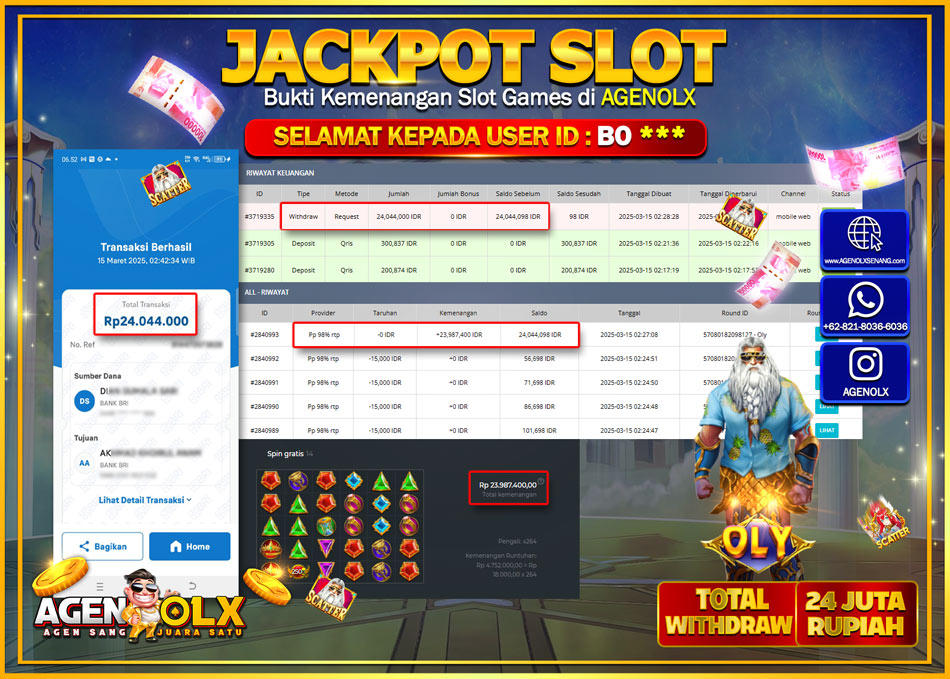 AGENOLX JACKPOT  SLOT PP 98% RTP OLY  Rp 24.044.000,- LUNAS