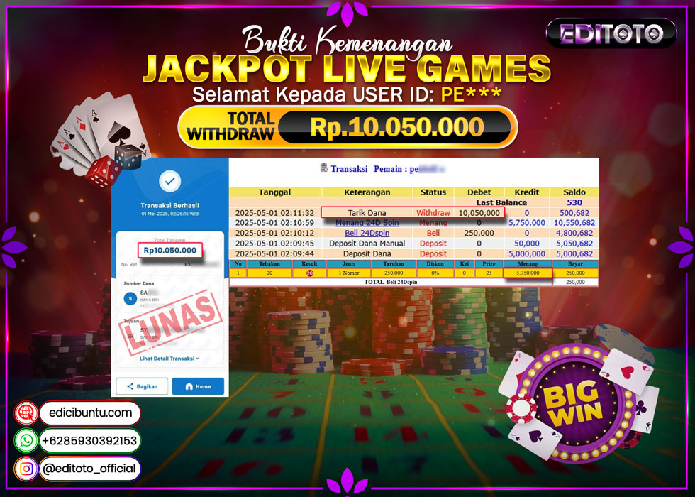 JACKPOT EDITOTO LIVE GAME 24D SPIN Rp.10.050.000.,- LUNAS