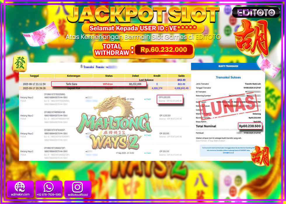 JACKPOT EDITOTO SLOT MAHJONG WAYS 2 Rp.60.232.000,- LUNAS 