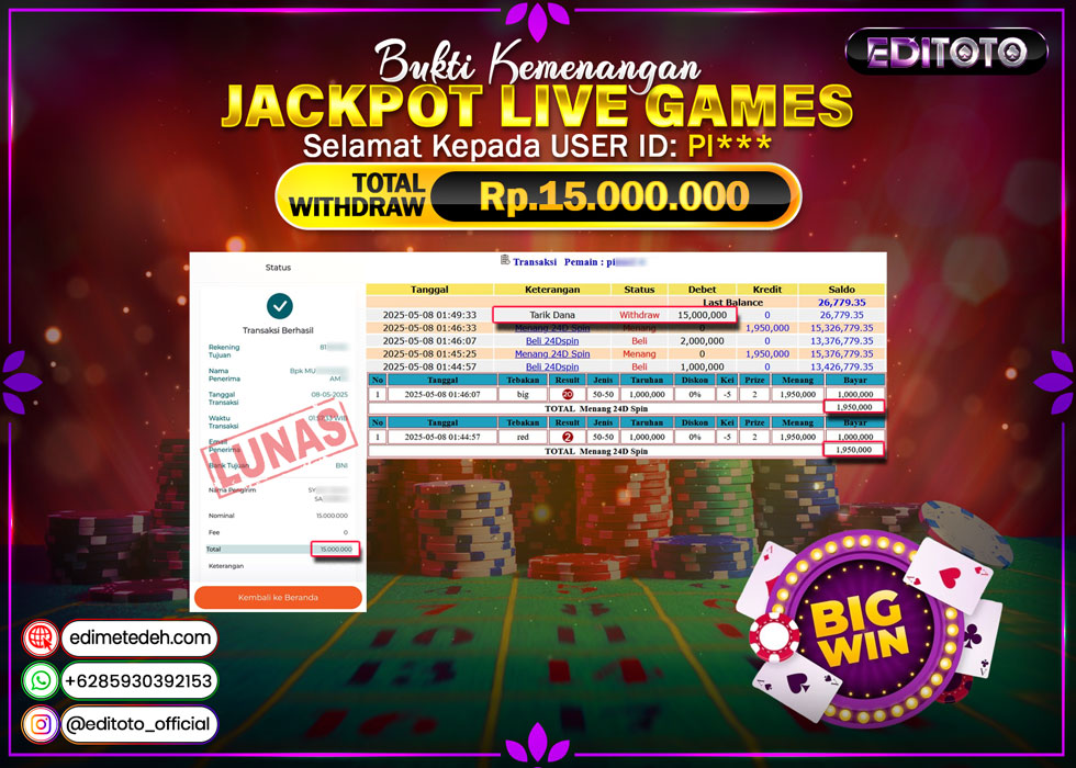 JACKPOT EDITOTO LIVE GAME 24D GAMES Rp.15.000.000.,- LUNAS