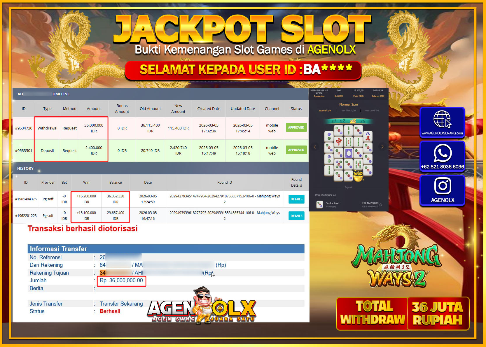 AGENOLX JACKPOT SLOT MAHJONG WAYS 2  Rp 36.000.000- LUNAS