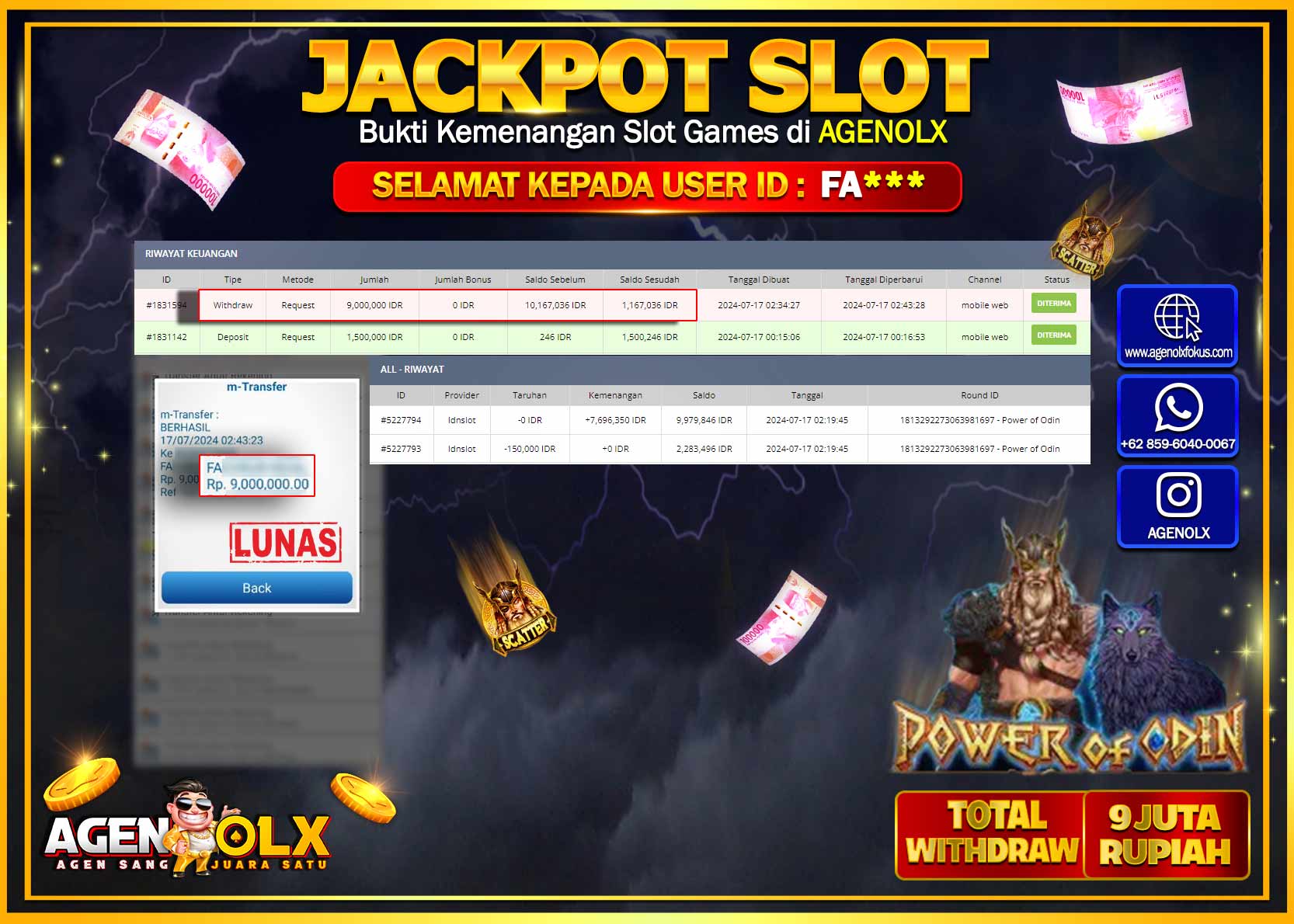 AGENOLX JACKPOT SLOT POWER OF ODIN Rp.9.000.000,- LUNAS