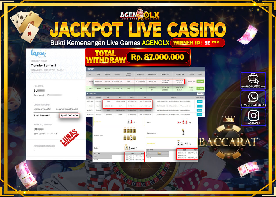 AGENOLX JACKPOT LIVE CASINO BACCARAT Rp 87,000,000,- LUNAS