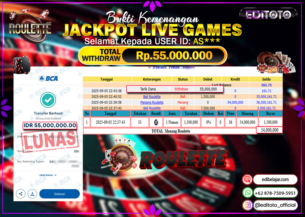 JACKPOT EDITOTO LIVE GAMES ROULETTE Rp. 55.000.000.,- LUNAS