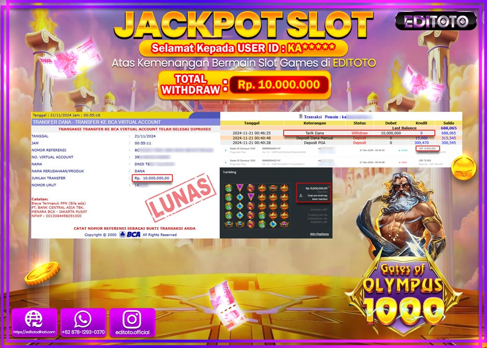 JACKPOT SLOT GATES OF OLYMPUS 1000 Rp.10.000.000.,- LUNAS