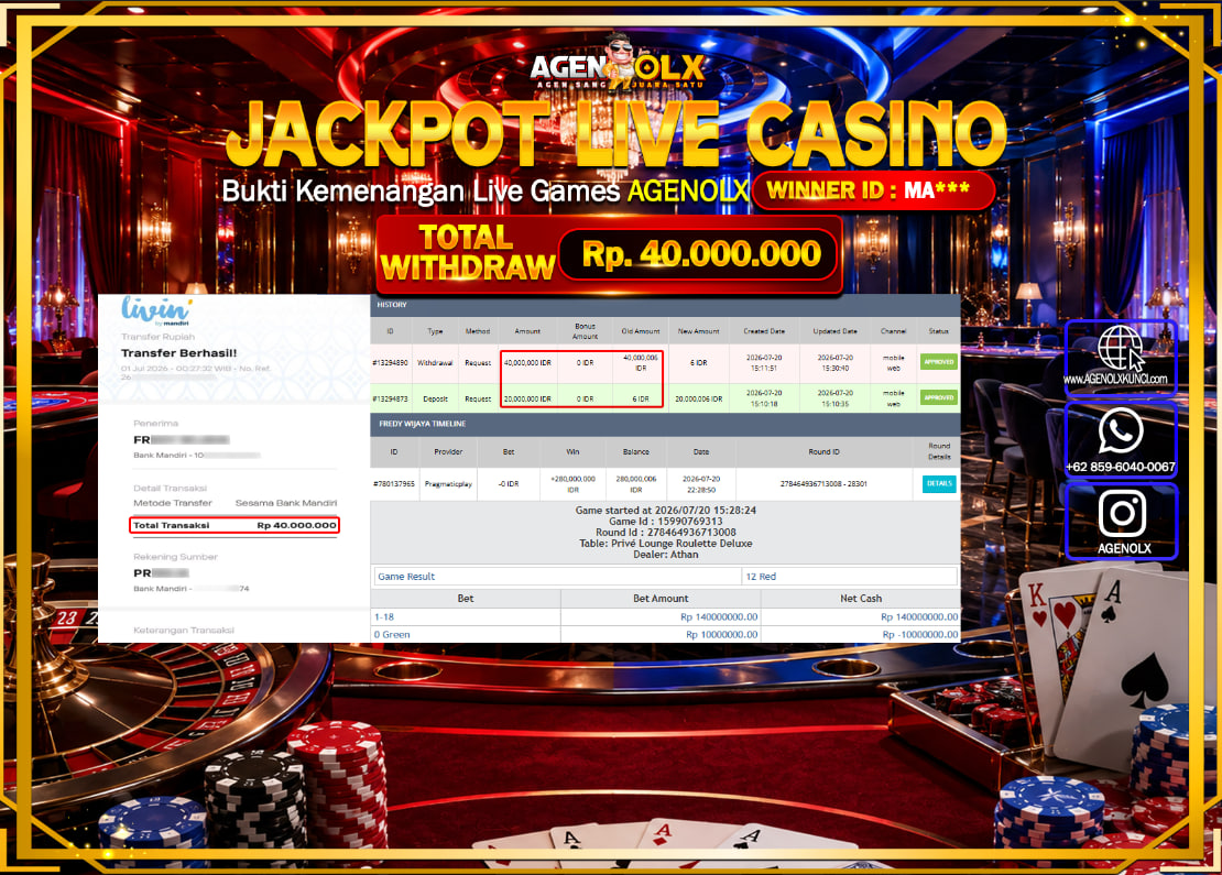 AGENOLX JACKPOT LIVE CASSINO PRIVE LOUNGE ROULETTE DELUXE  Rp  40.000.000 -LUNAS