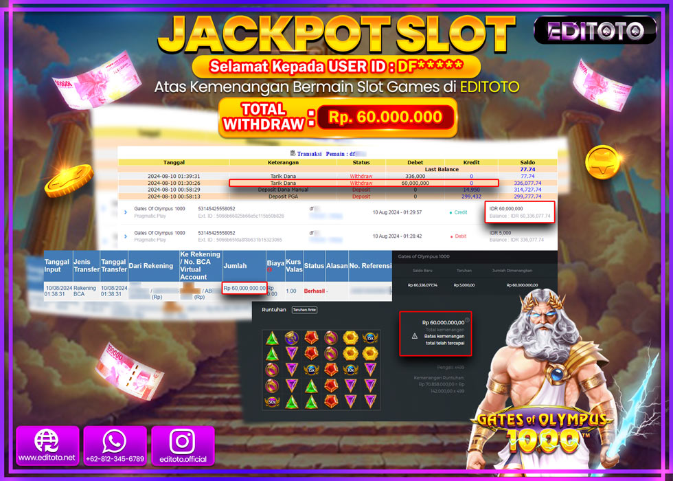 JACKPOT SLOT GATES OF OLYMPUS 1000 Rp.60.000.000.,- LUNAS