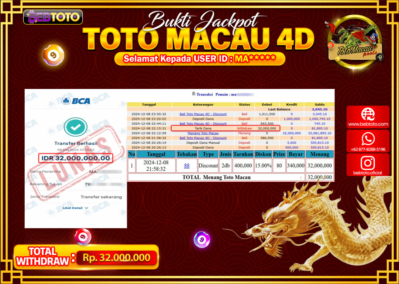 JACKPOT LIVE CASINO BEBTOTO TOTO MACAU 4D Rp.32.000.000.,- LUNAS