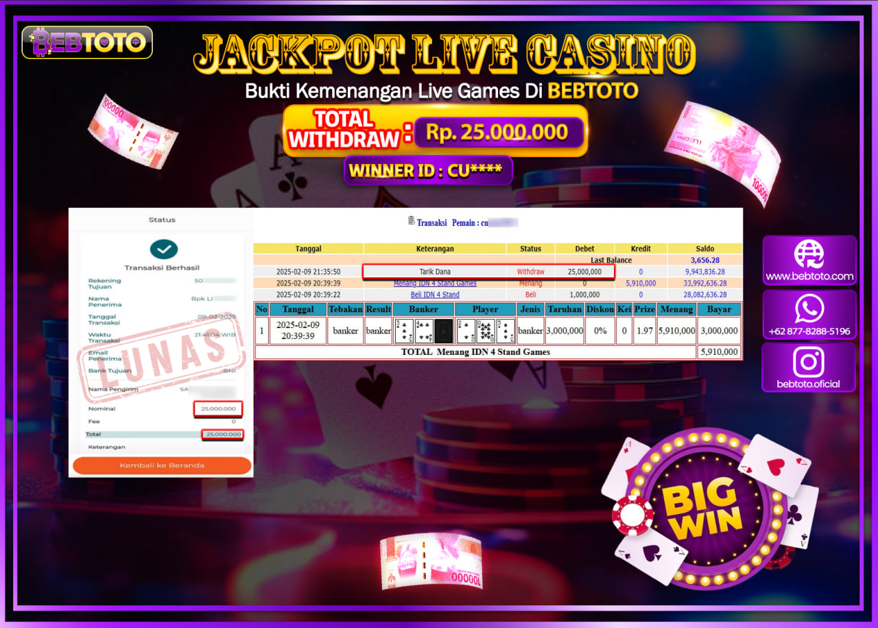 JACKPOT LIVE CASINO BEBTOTO 4 STAND GAMES Rp.25.000.000.,- LUNAS