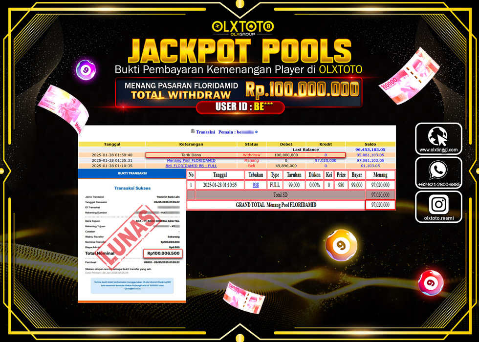 OLXTOTO JACKPOT  TOGEL POOL FLORIDAMID Rp.100.000.000.,- LUNAS