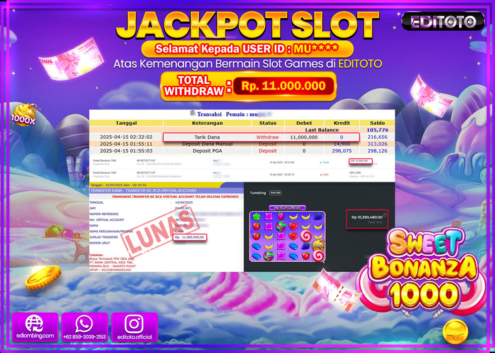 JACKPOT SLOT SWEET BONANZA 1000 Rp.11.000.000,- LUNAS