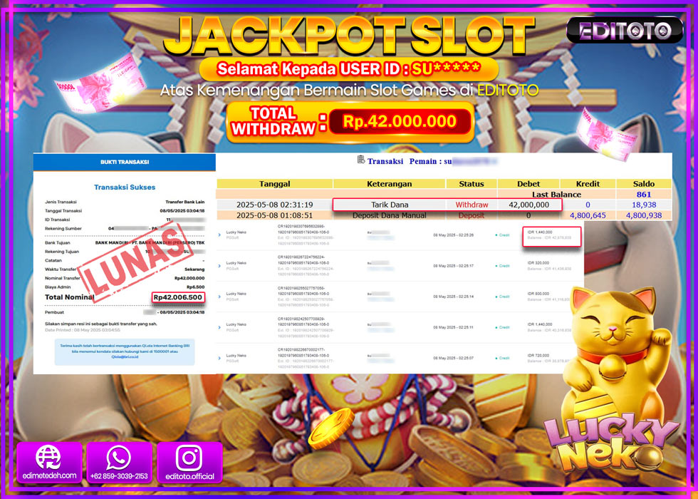 JACKPOT EDITOTO SLOT LUCKY NEKO Rp.42.000.000,- LUNAS