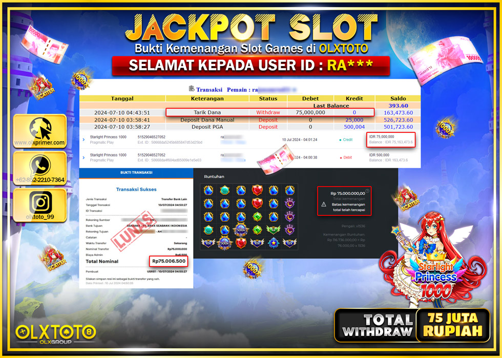 OLXTOTO JACKPOT  SLOT STARLIGHT PRINCESS 1000 Rp.75.000.000.,- LUNAS
