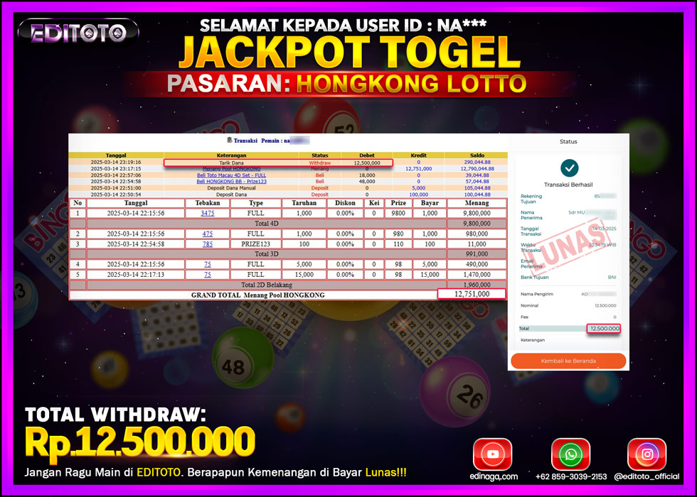 JACKPOT TOGEL PASARAN HONGKONG LOTTO Rp.12.500.000.,- LUNAS