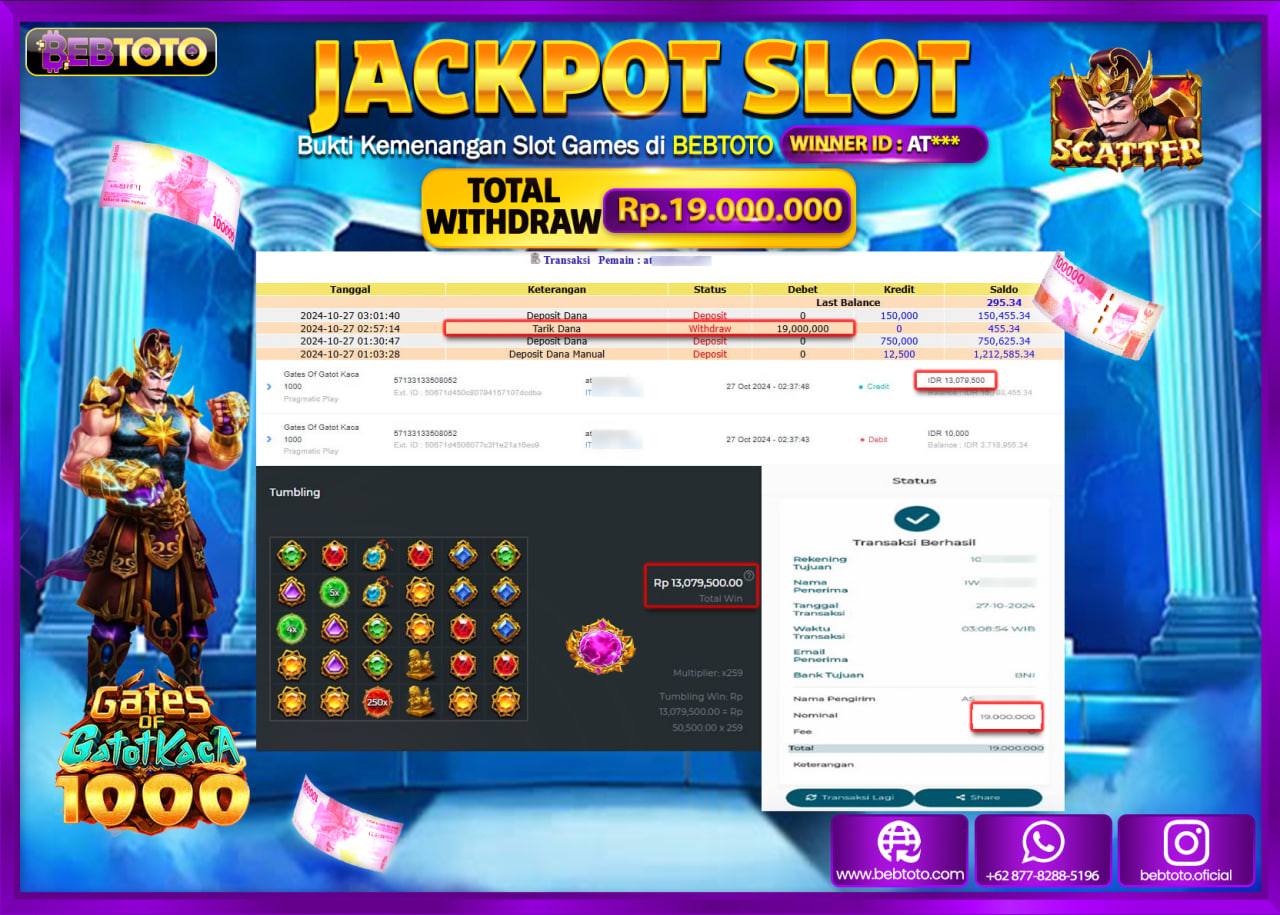 JACKPOT SLOT BEBTOTO GATES OF GATOTKACA 1000 Rp.19.000.000.,- LUNAS