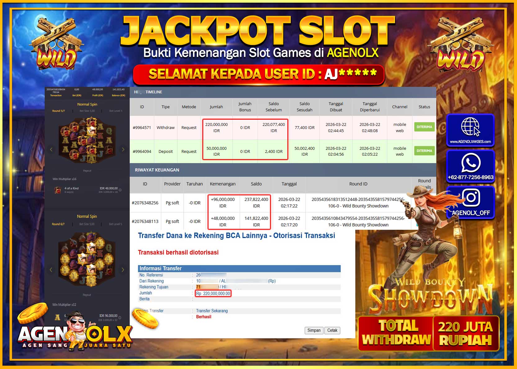AGENOLX JACKPOT SLOT WILD BOUNTY SHOWDOWN Rp 220.000.000 - LUNAS