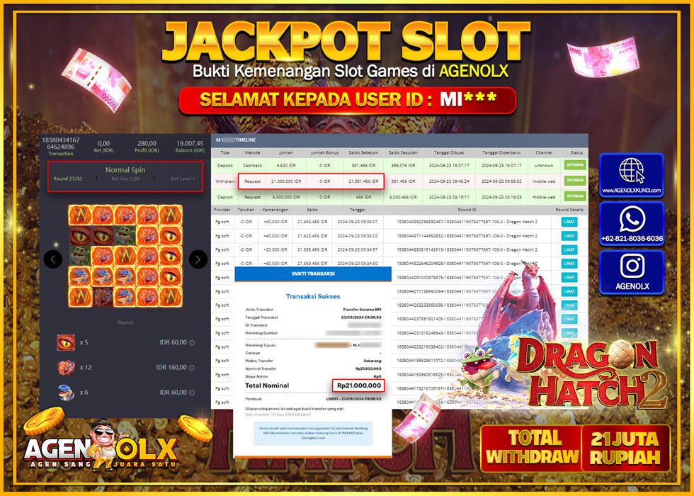 AGENOLX JACKPOT  SLOT DRAGON HATCH 2 Rp.21.000.000,- LUNAS