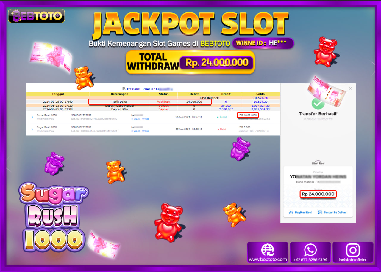 JACKPOT SLOT BEBTOTO Sugar Rush 1000 Rp.24.000.000.,- LUNAS