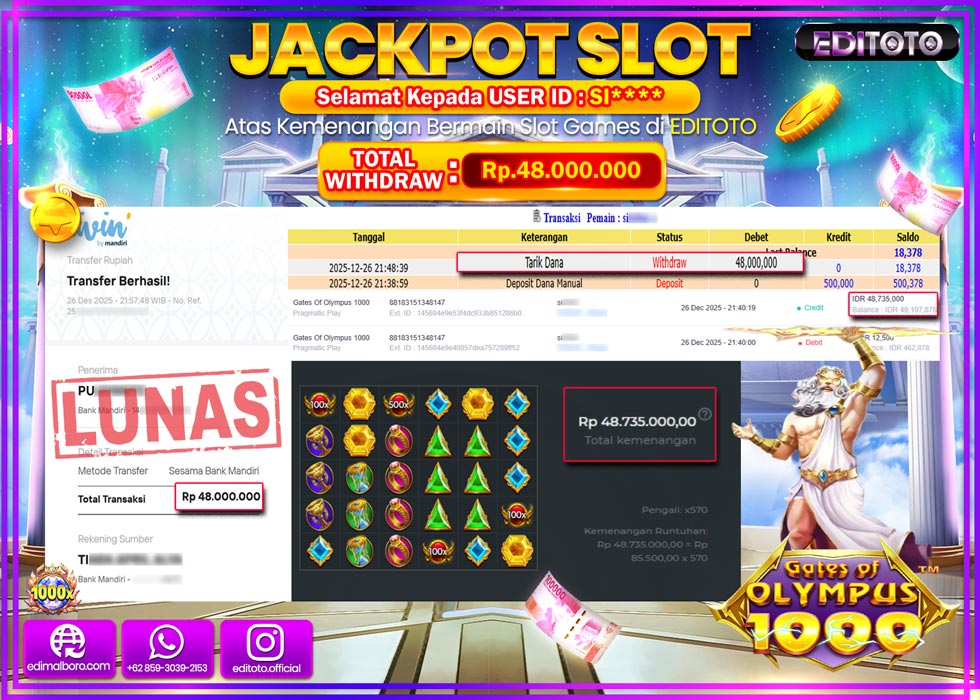 JACKPOT EDITOTO SLOT GATES OF OLYMPUS 1000  Rp.48.000.000,- LUNAS  
