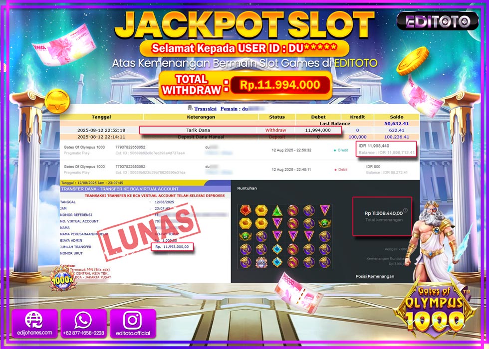 JACKPOT EDITOTO SLOT GATES OF OLYMPUS 1000 Rp.11.994.000,- LUNAS 